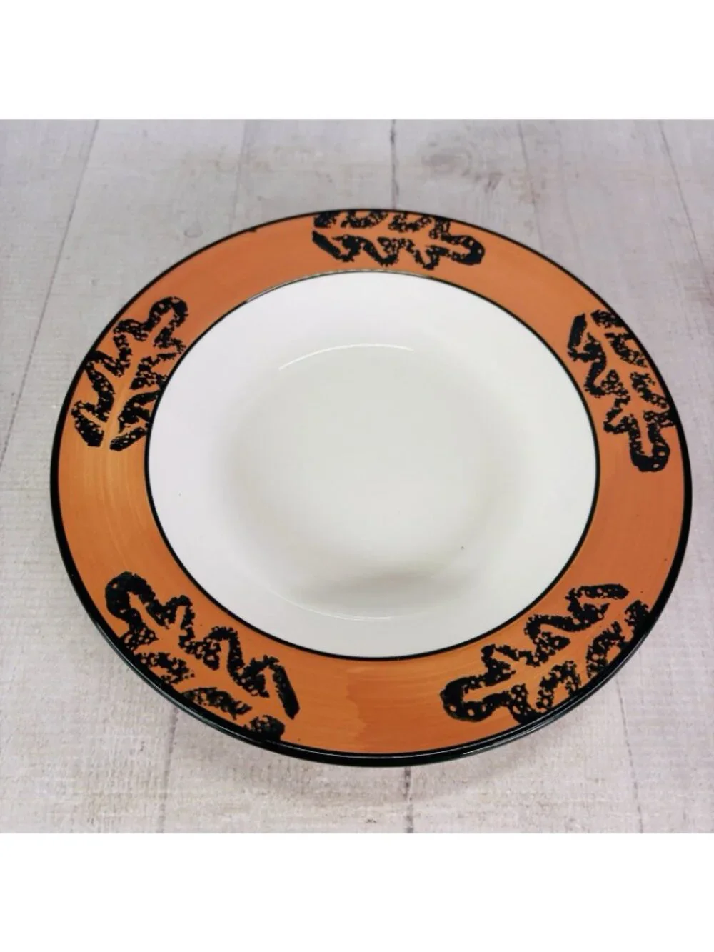 Pier 1 PER149 Tan Rim Dark Green Leaves Smooth Handpainted Italy Rim Bowls Set 2